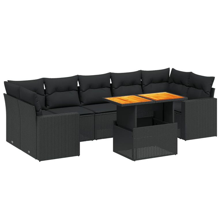 8-delige Loungeset met kussens poly rattan zwart