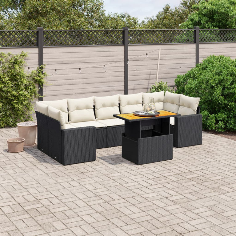 8-delige Loungeset met kussens poly rattan zwart