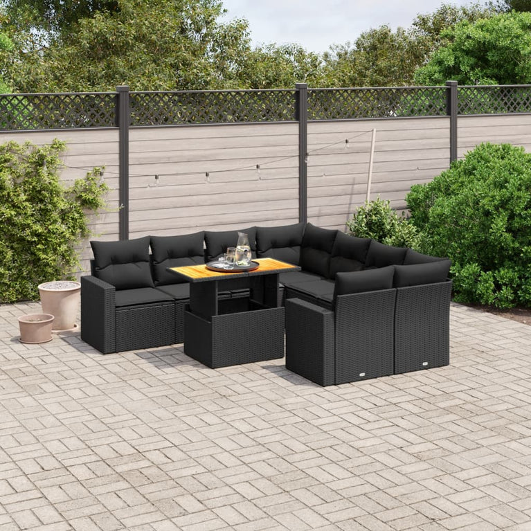9-delige Loungeset met kussens poly rattan zwart