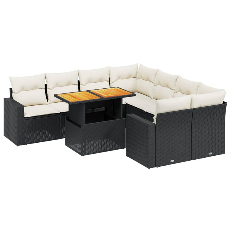 9-delige Loungeset met kussens poly rattan zwart