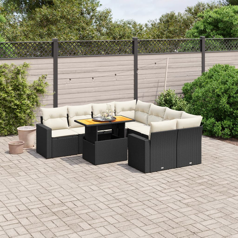 9-delige Loungeset met kussens poly rattan zwart