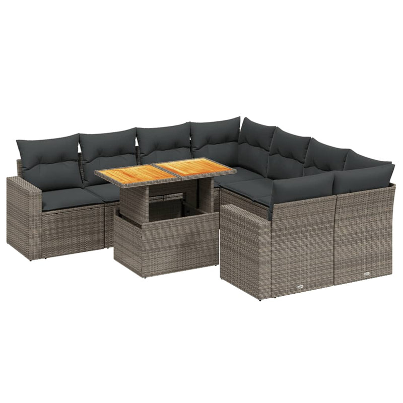 9-delige Loungeset met kussens poly rattan grijs