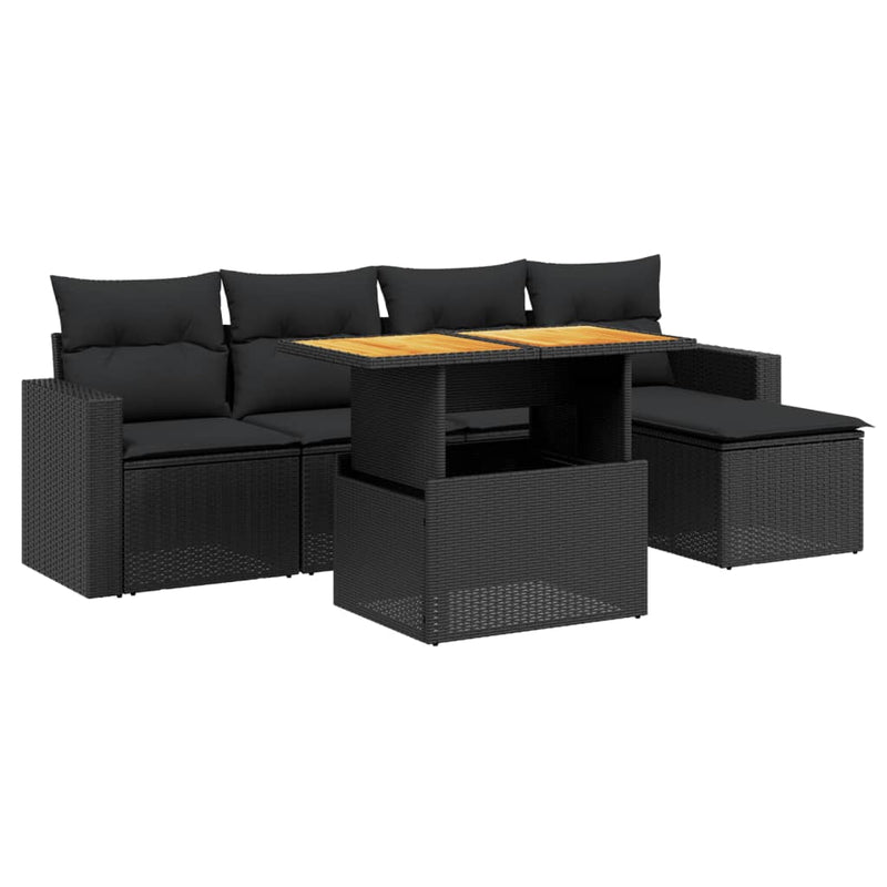 6-delige Loungeset met kussens poly rattan zwart