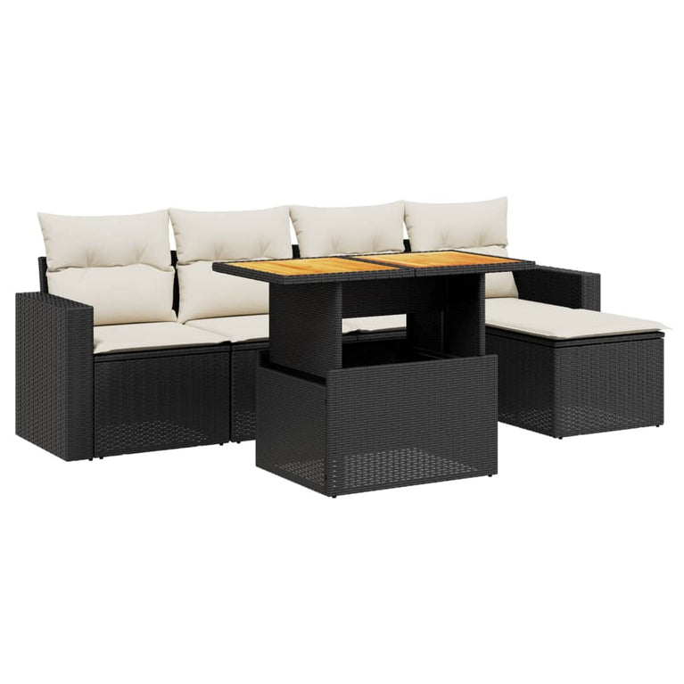 6-delige Loungeset met kussens poly rattan zwart