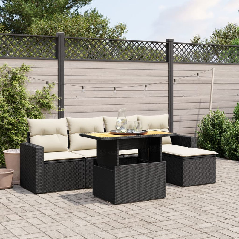 6-delige Loungeset met kussens poly rattan zwart