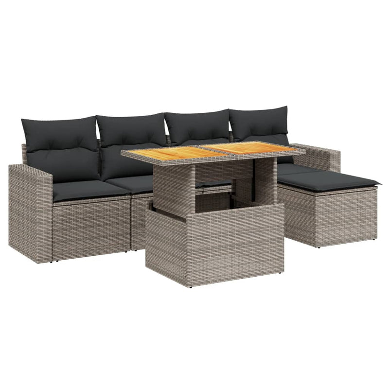 6-delige Loungeset met kussens poly rattan grijs