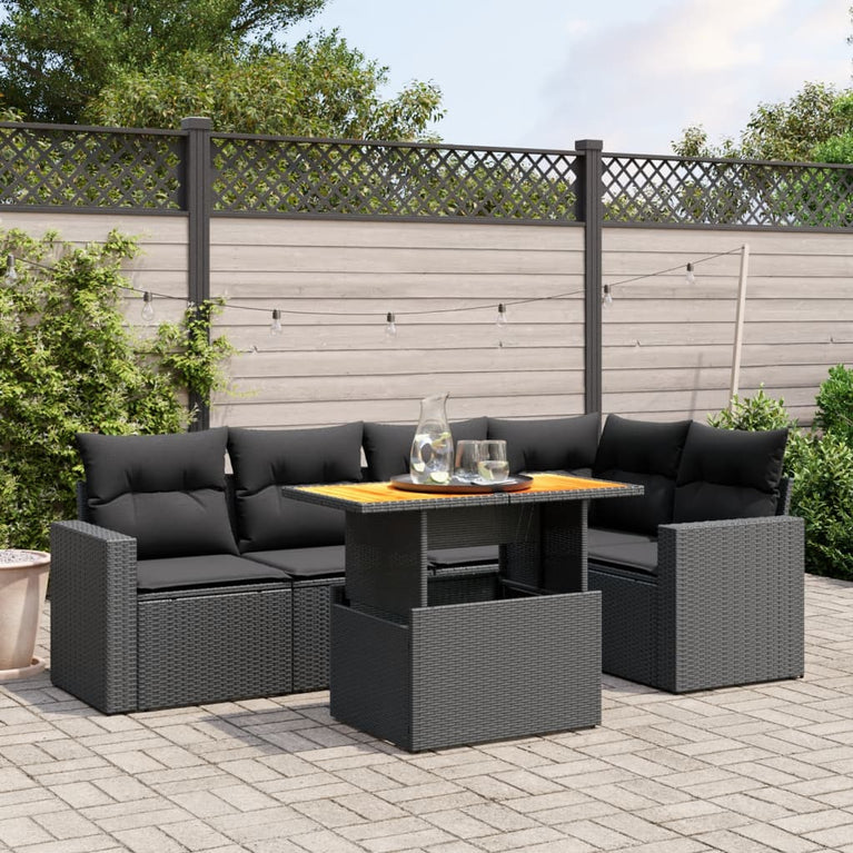 6-delige Loungeset met kussens poly rattan zwart