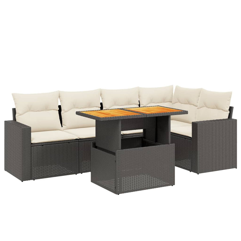 6-delige Loungeset met kussens poly rattan zwart