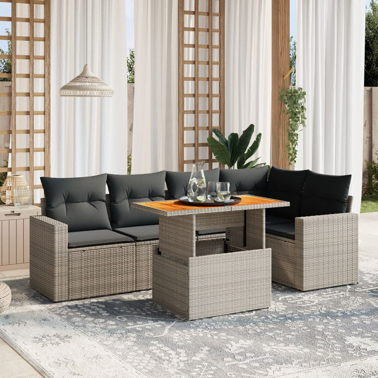6-delige Loungeset met kussens poly rattan grijs