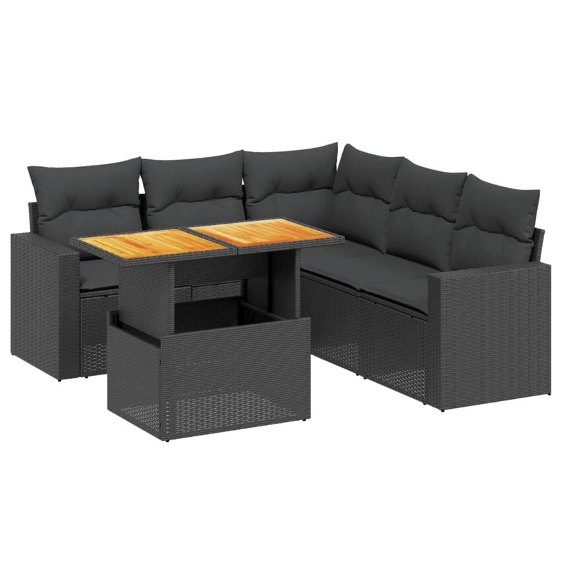 6-delige Loungeset met kussens poly rattan zwart