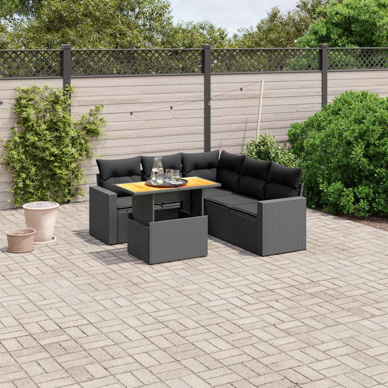 6-delige Loungeset met kussens poly rattan zwart