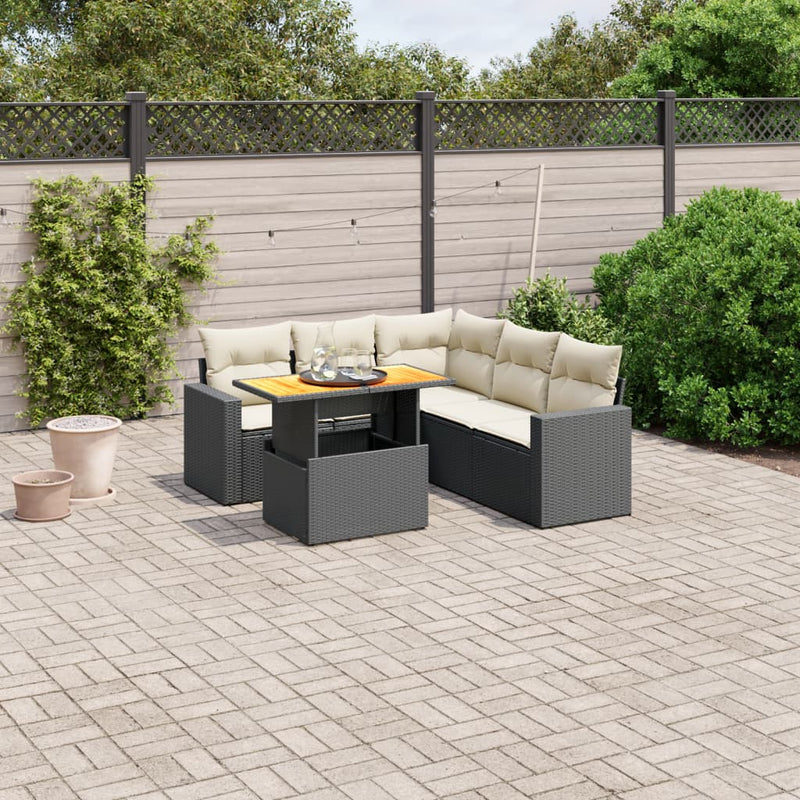 6-delige Loungeset met kussens poly rattan zwart
