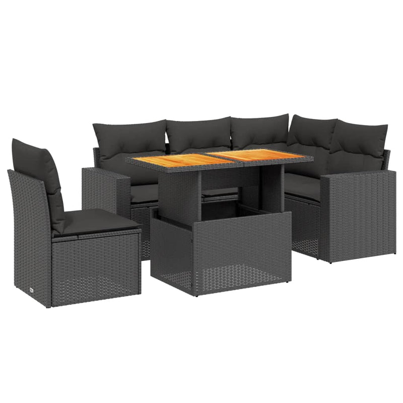6-delige Loungeset met kussens poly rattan zwart