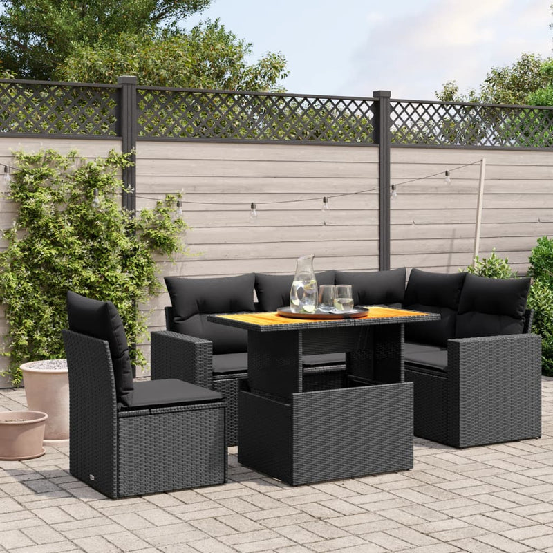 6-delige Loungeset met kussens poly rattan zwart