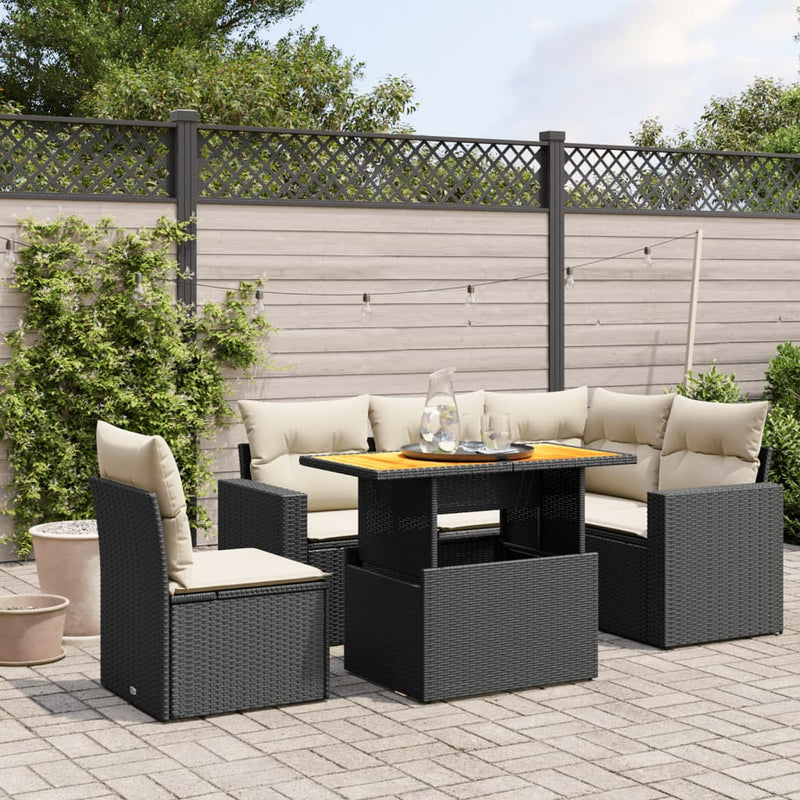 6-delige Loungeset met kussens poly rattan zwart