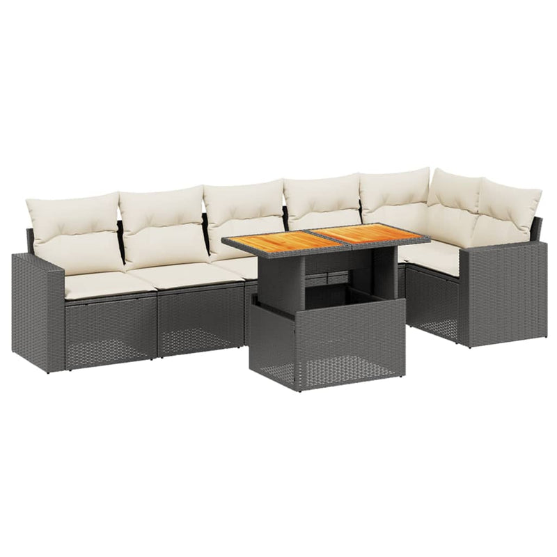 7-delige Loungeset met kussens poly rattan zwart