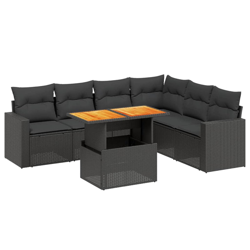 7-delige Loungeset met kussens poly rattan zwart