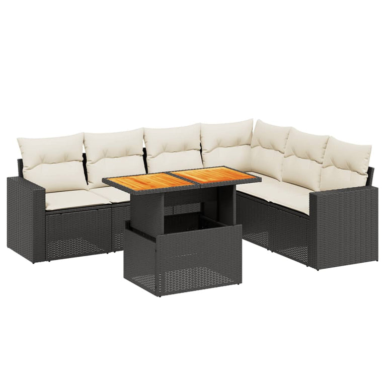 7-delige Loungeset met kussens poly rattan zwart
