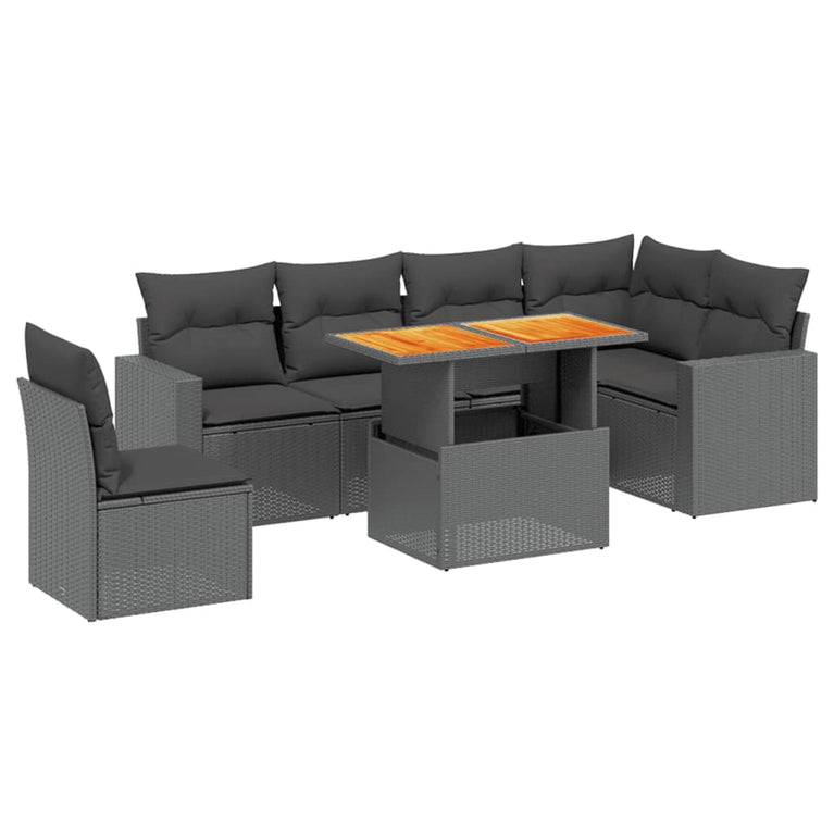 7-delige Loungeset met kussens poly rattan zwart