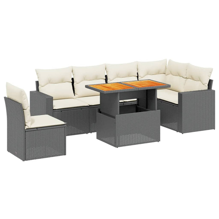 7-delige Loungeset met kussens poly rattan zwart