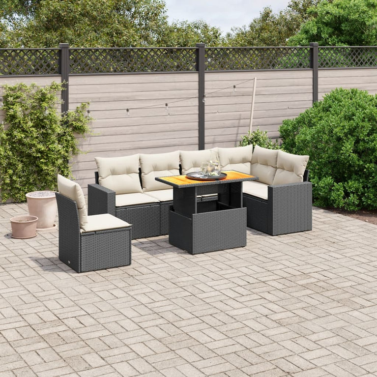 7-delige Loungeset met kussens poly rattan zwart