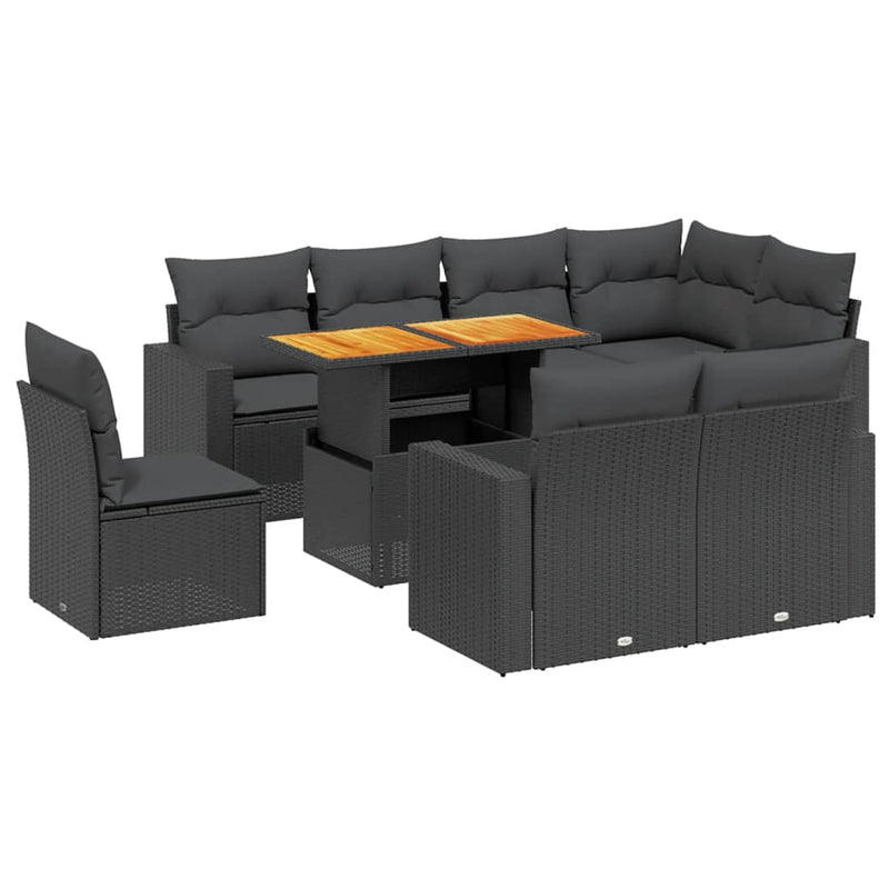 9-delige Loungeset met kussens poly rattan zwart