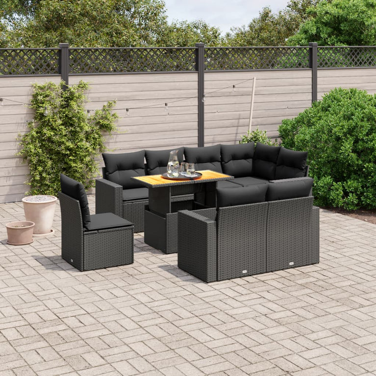 9-delige Loungeset met kussens poly rattan zwart