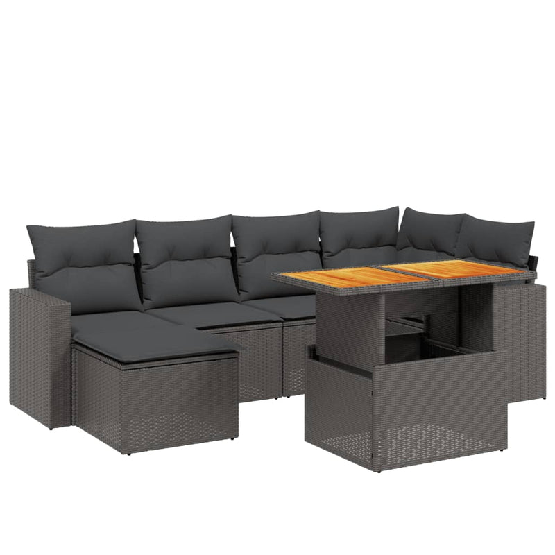 7-delige Loungeset met kussens poly rattan zwart
