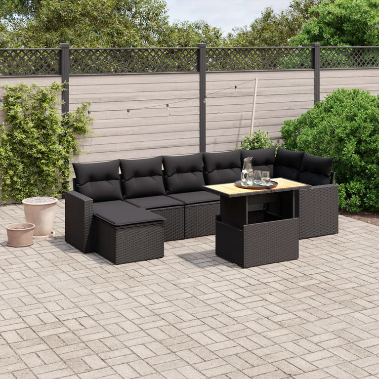 8-delige Loungeset met kussens poly rattan zwart