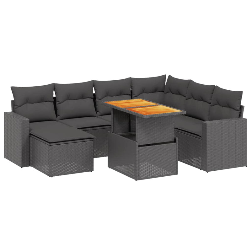 8-delige Loungeset met kussens poly rattan zwart
