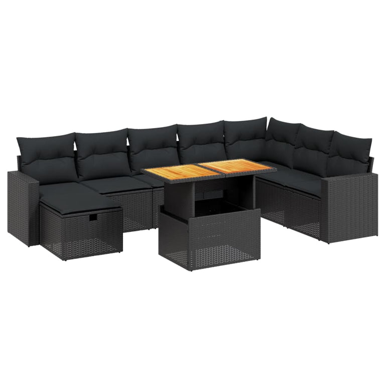 9-delige Loungeset met kussens poly rattan zwart