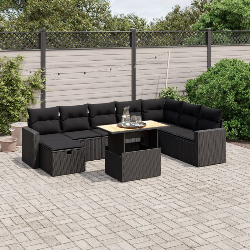 9-delige Loungeset met kussens poly rattan zwart