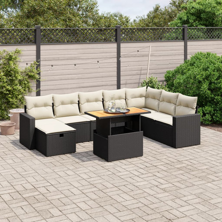 9-delige Loungeset met kussens poly rattan zwart