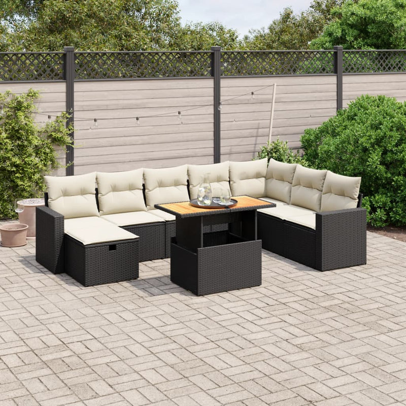 9-delige Loungeset met kussens poly rattan zwart