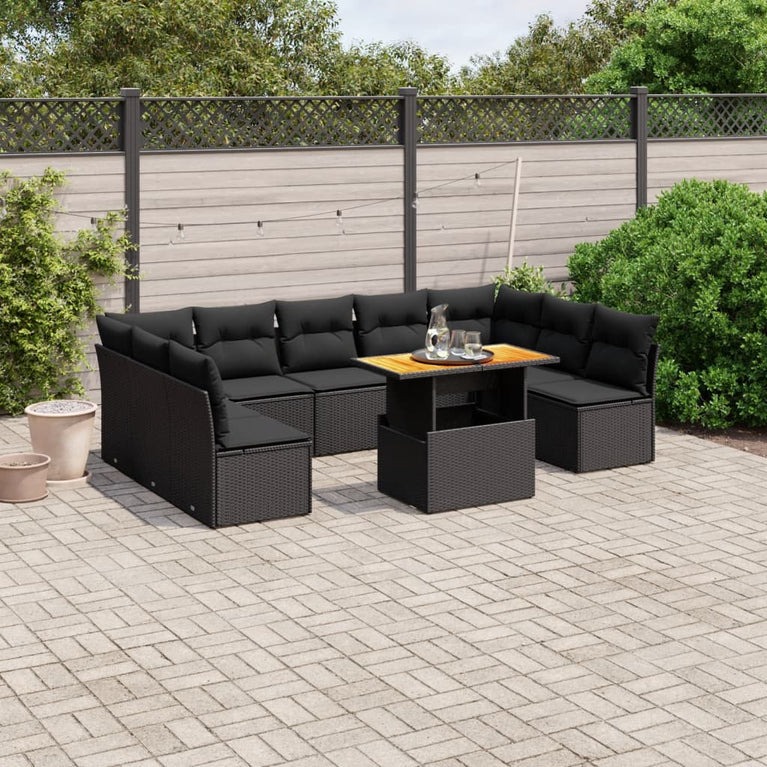 10-delige Loungeset met kussens poly rattan zwart