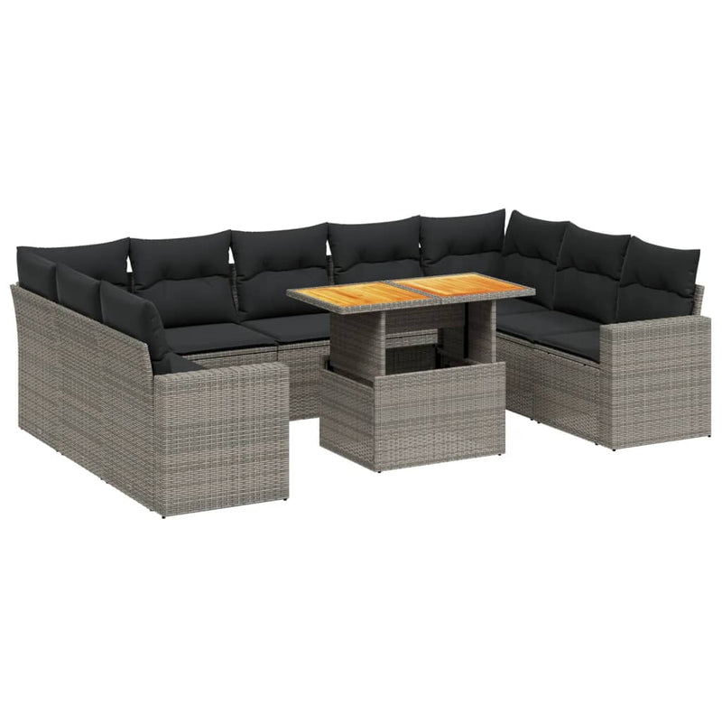 10-delige Loungeset met kussens poly rattan grijs