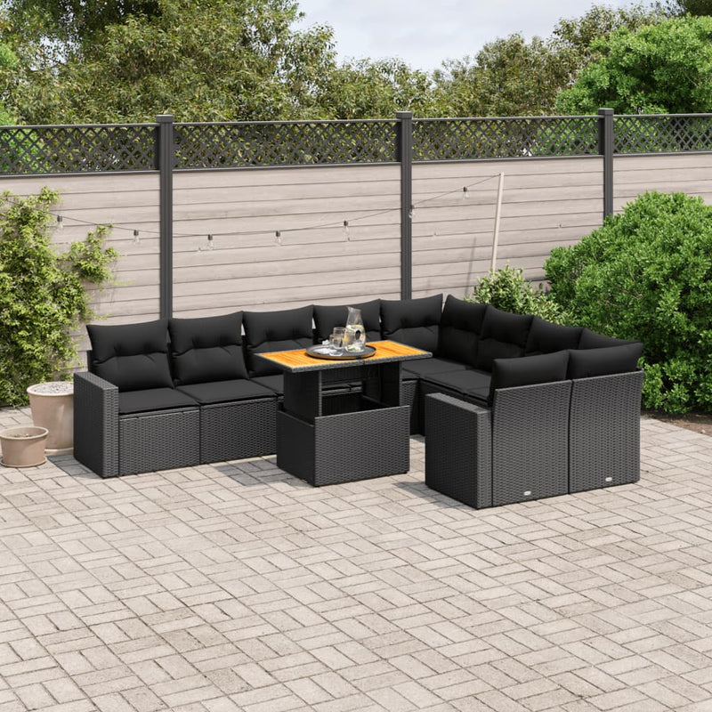 10-delige Loungeset met kussens poly rattan zwart