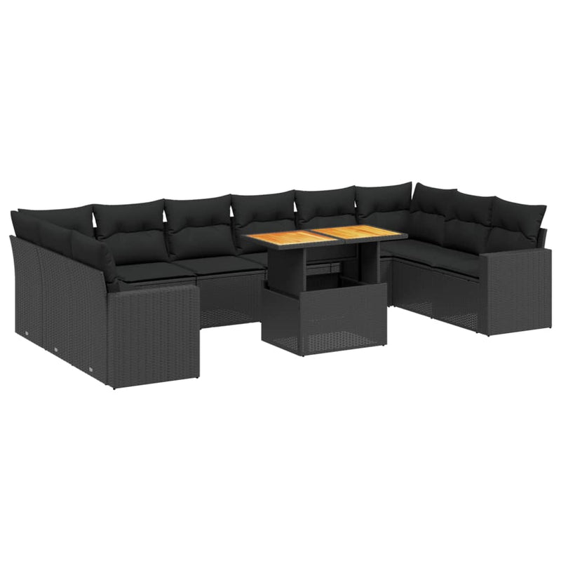 11-delige Loungeset met kussens poly rattan zwart