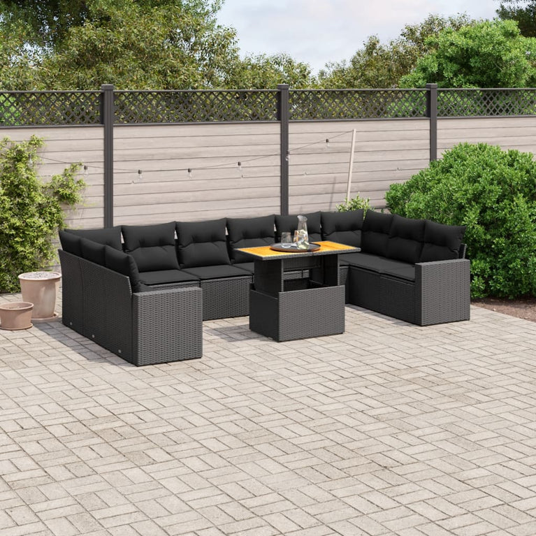 11-delige Loungeset met kussens poly rattan zwart