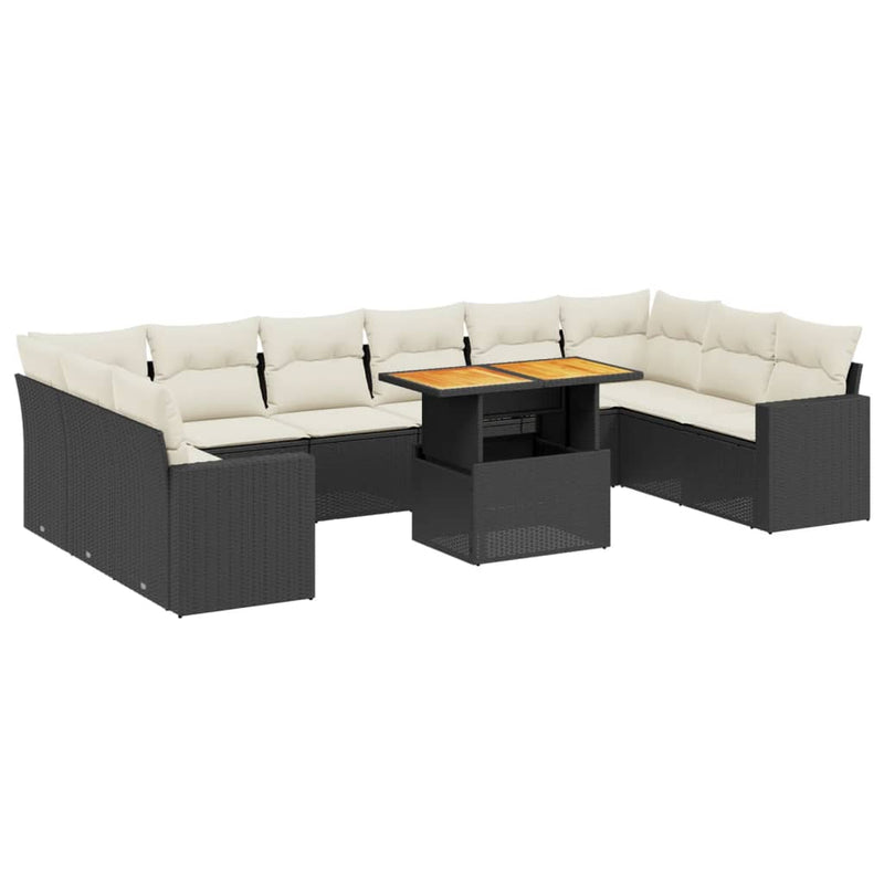 11-delige Loungeset met kussens poly rattan zwart