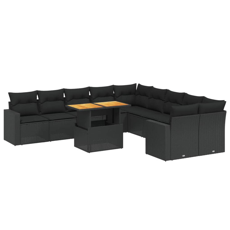 11-delige Loungeset met kussens poly rattan zwart