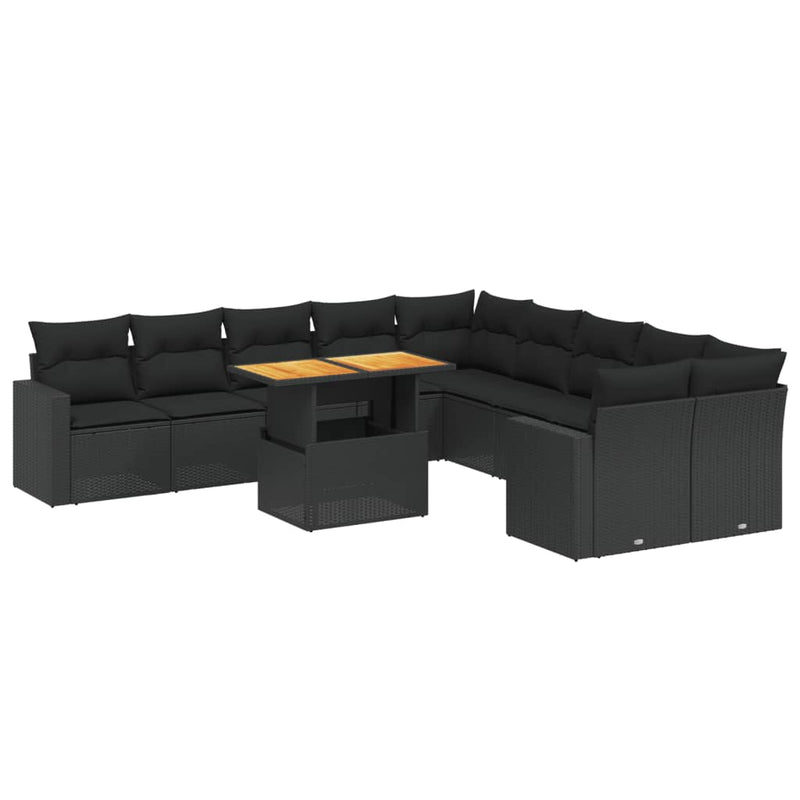 11-delige Loungeset met kussens poly rattan zwart