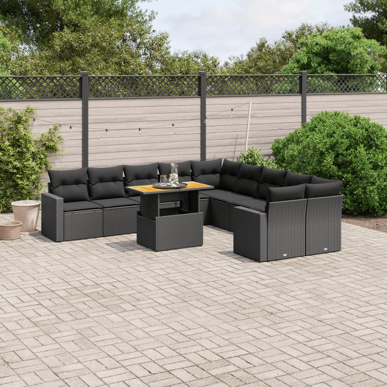 11-delige Loungeset met kussens poly rattan zwart