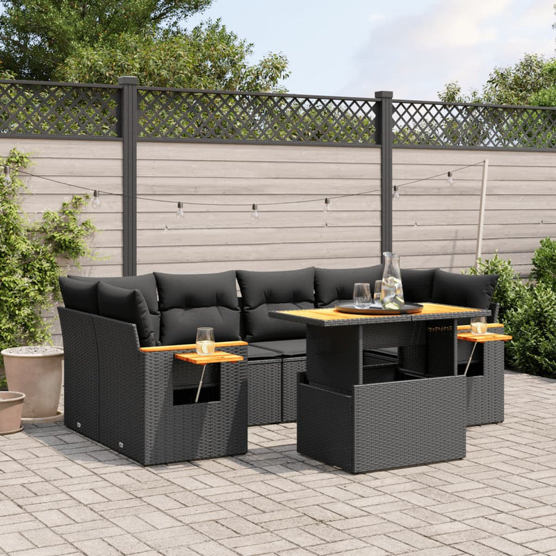 7-delige Loungeset met kussens poly rattan zwart
