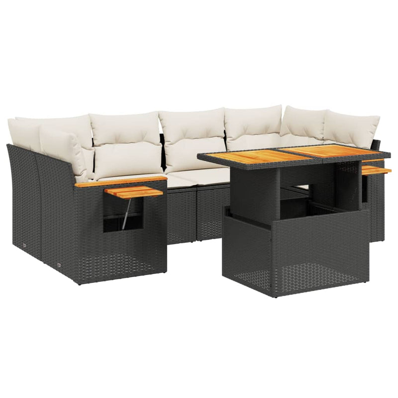 7-delige Loungeset met kussens poly rattan zwart