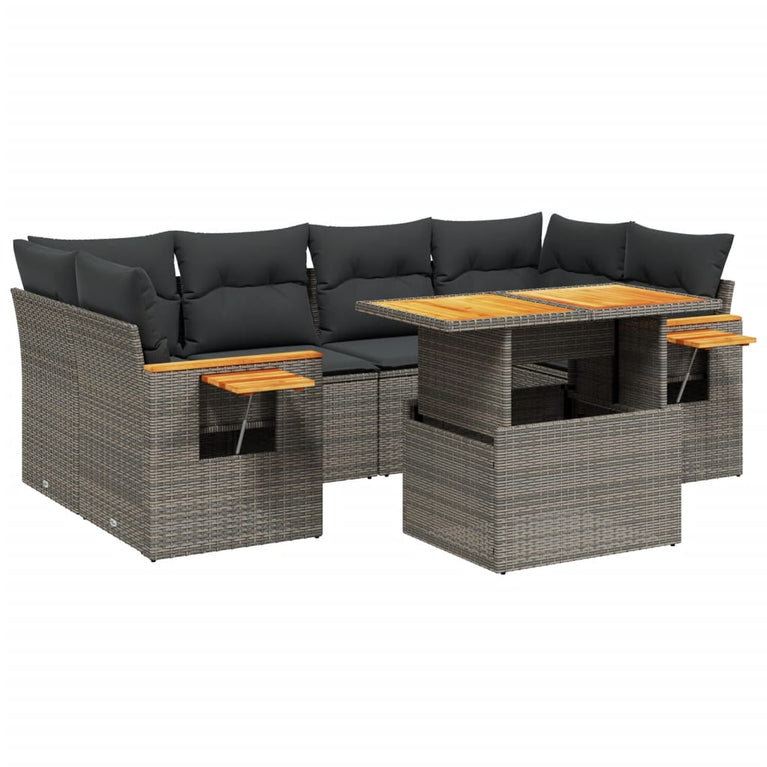 7-delige Loungeset met kussens poly rattan grijs