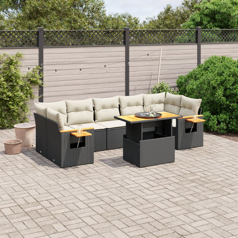 8-delige Loungeset met kussens poly rattan zwart