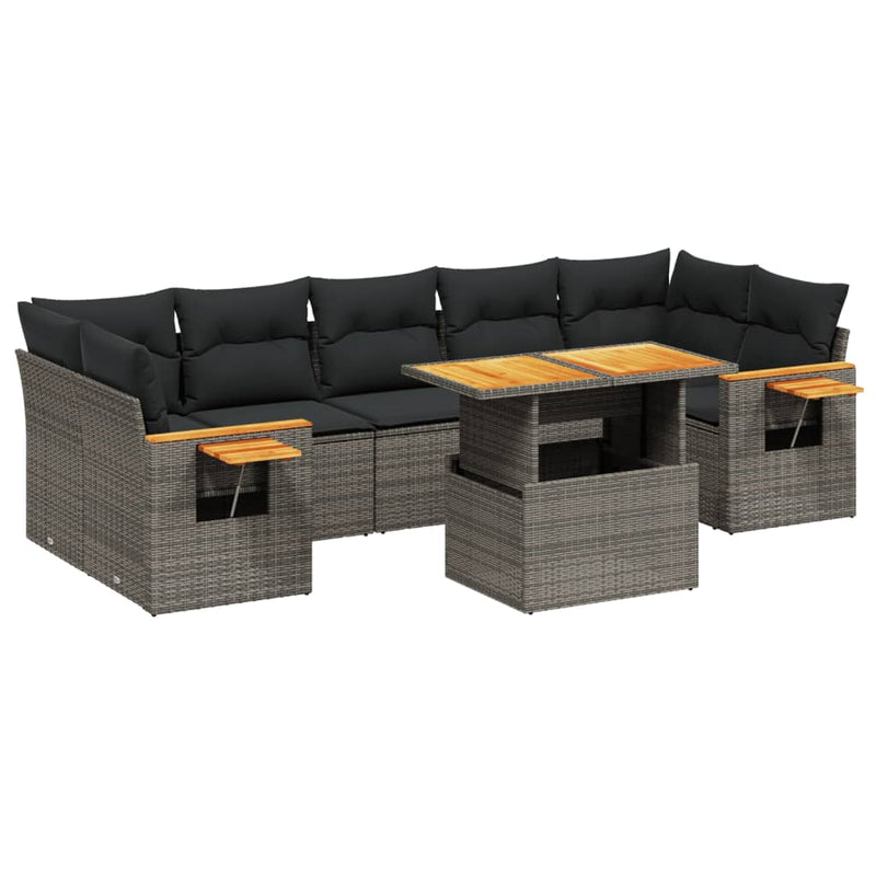 8-delige Loungeset met kussens poly rattan grijs