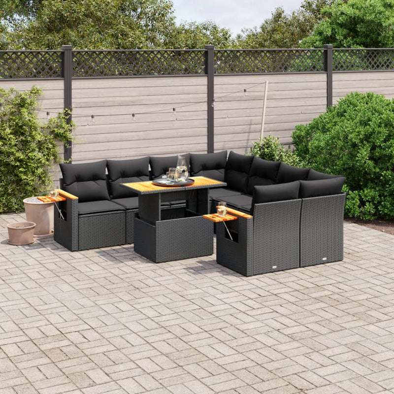 8-delige Loungeset met kussens poly rattan zwart