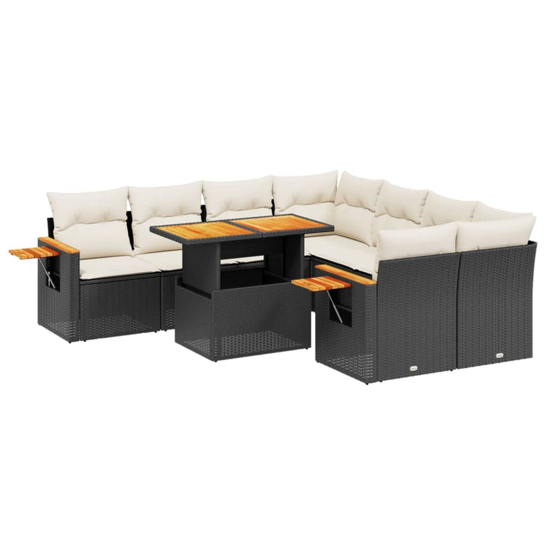 8-delige Loungeset met kussens poly rattan zwart